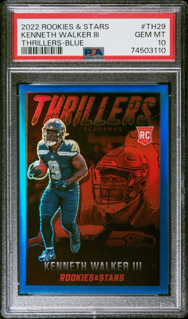 Kenneth Walker III · 2022 Panini Rookies & Stars - Thrillers Blue · #TH-29 · SN50 [PSA 10]