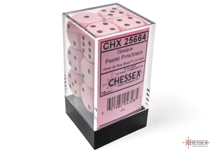 Opaque Pastel Pink / Black 16mm d6 (12 dice)