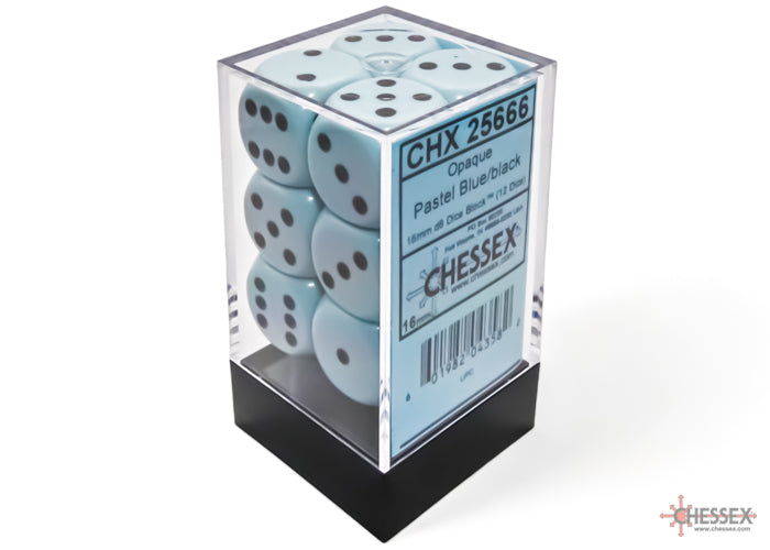 Opaque Pastel Blue / Black 16mm d6 (12 dice)