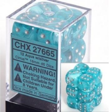 Cirrus Aqua / Silver 16mm d6 (12 dice)