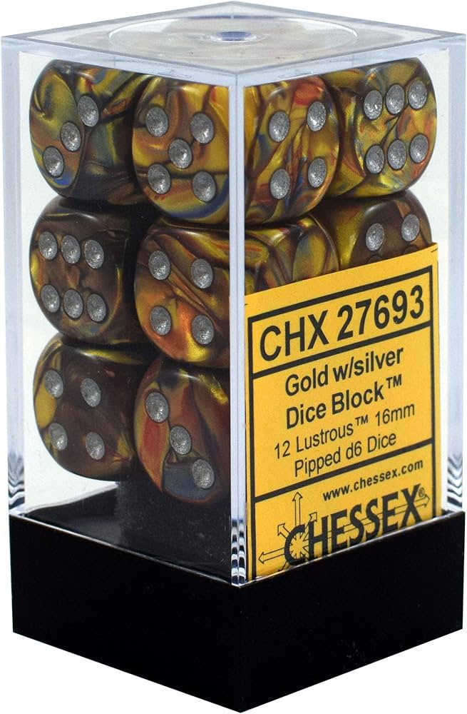 Lustrous Gold / Silver 16mm d6 (12 dice)