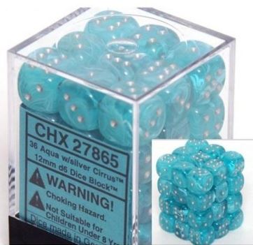 Cirrus Aqua / Silver 12mm d6 (36 dice)